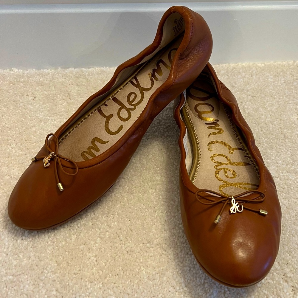 Sam Edelman Felicia Ballet Flat Round Toe Cognac Brown Bow Cushioned Insole 10.5